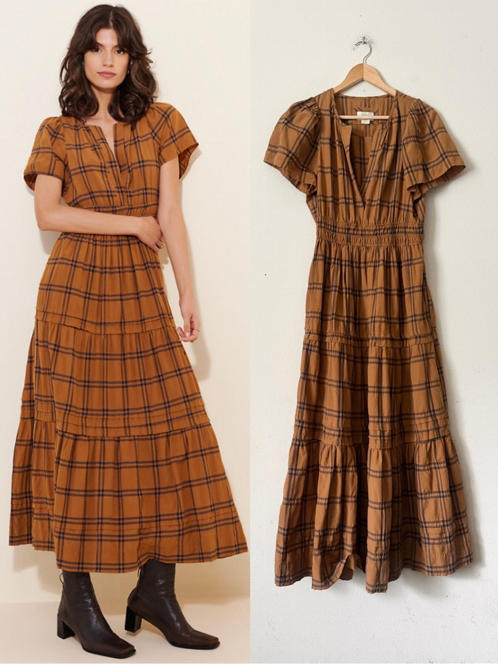 Anthropologie Maeve MEDIUM The Somerset short sleeve maxi dress in brown plaid